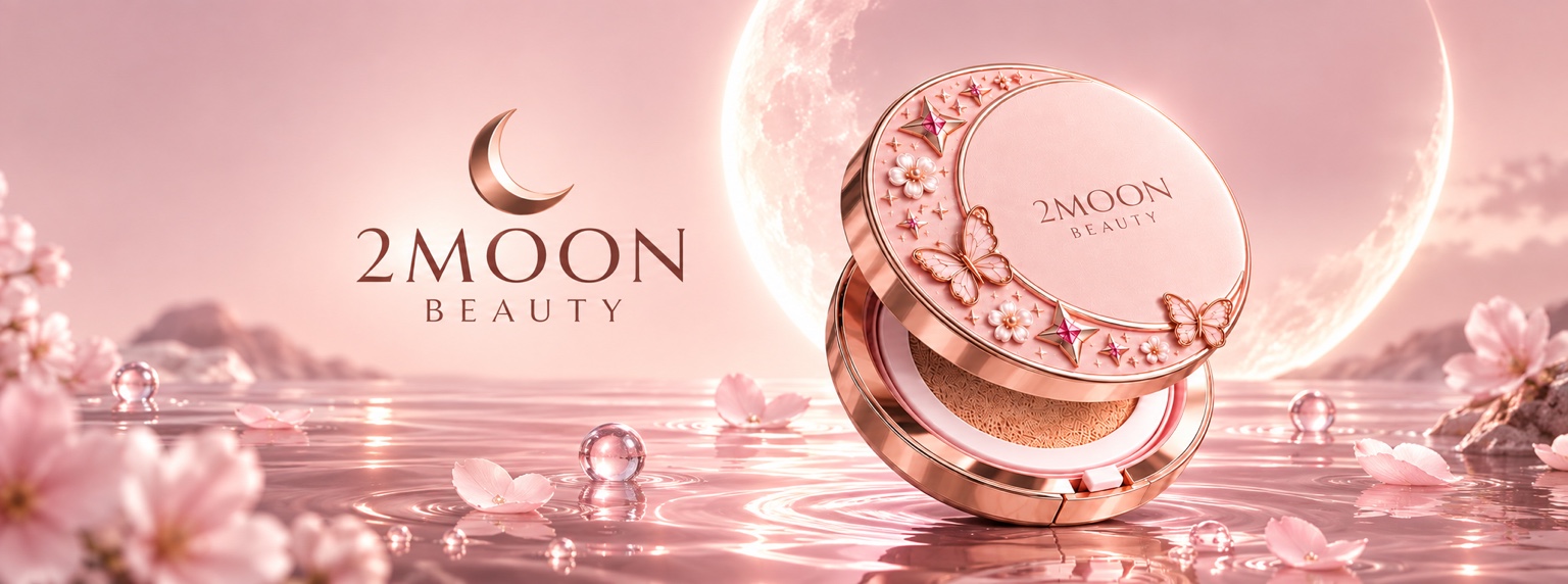 Wide 2Moon Beauty campaign scene with the cushion compact, crystals and a luminous moon