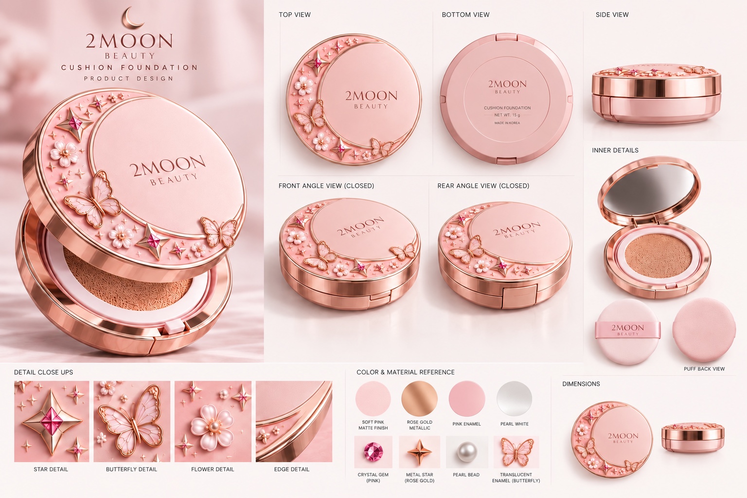 2Moon Beauty cushion concept shown from multiple angles with decorative details