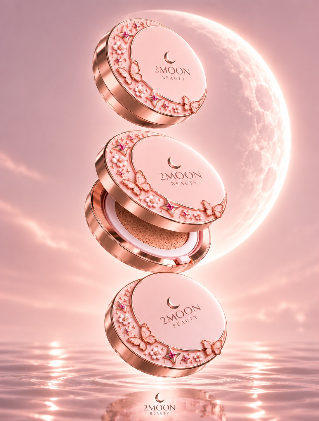 Three 2Moon Beauty cushion compacts floating in front of a luminous moon