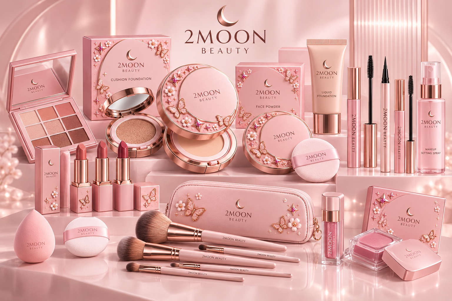 Full 2Moon Beauty collection with complexion, lip, eye and beauty-tool products