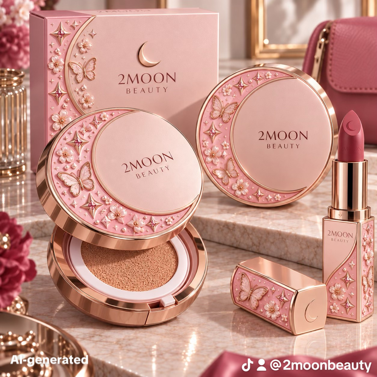 2Moon Beauty cushion, powder and lipstick in a warm rose-pink setting