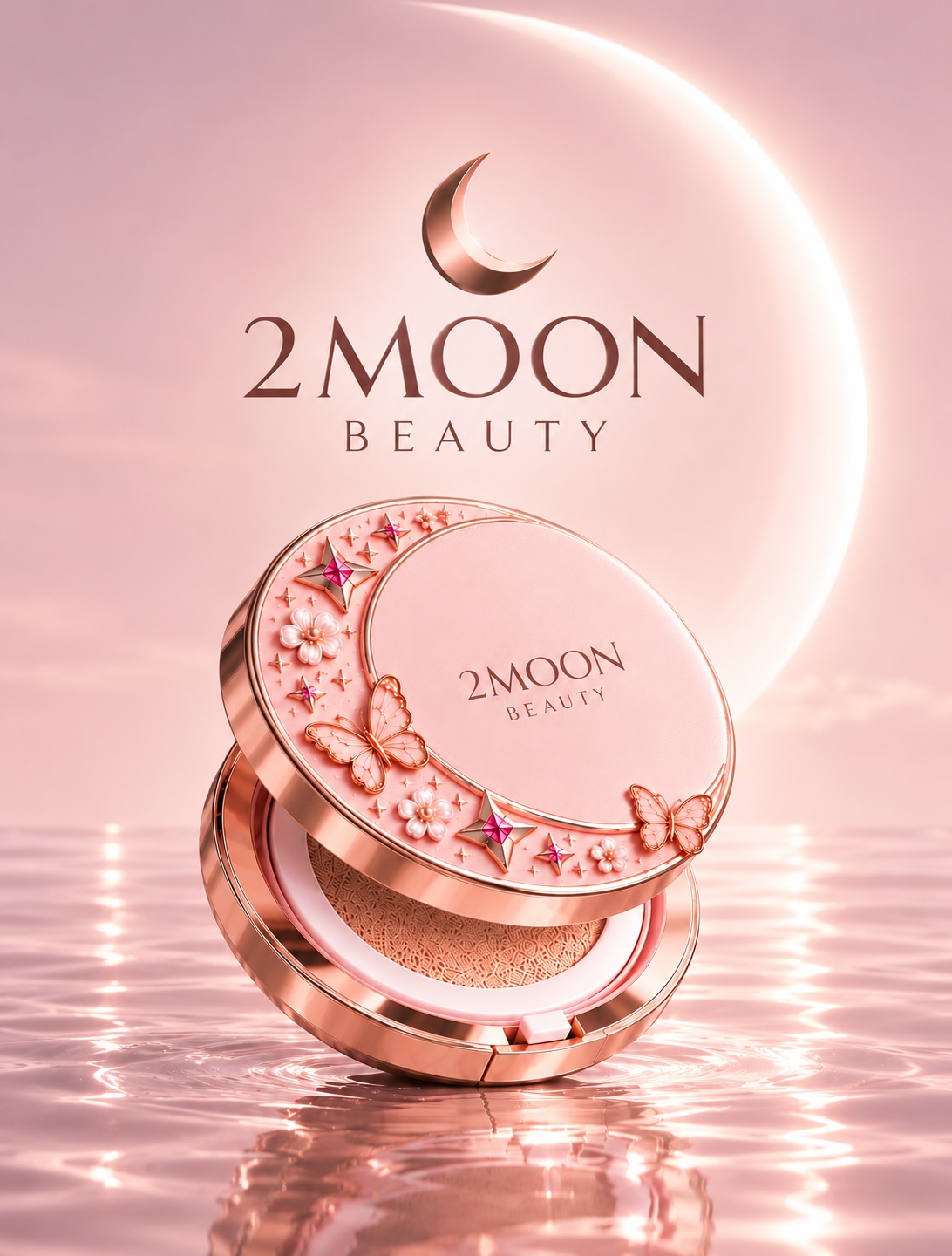 2Moon Beauty cushion compact in a softly glowing rose-pink moon scene