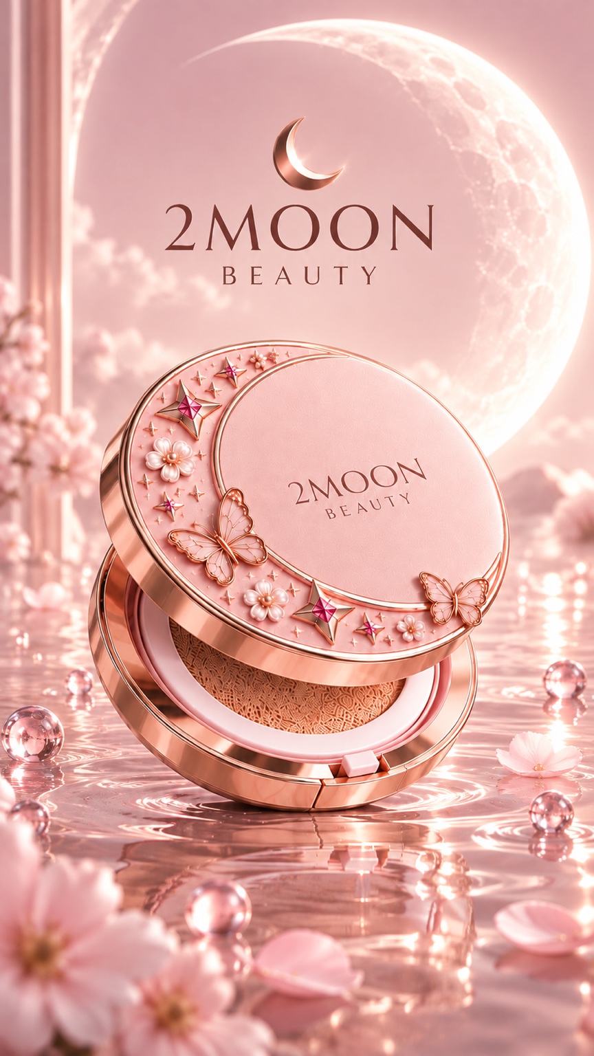 Portrait campaign image of the 2Moon Beauty cushion compact above sparkling pink water