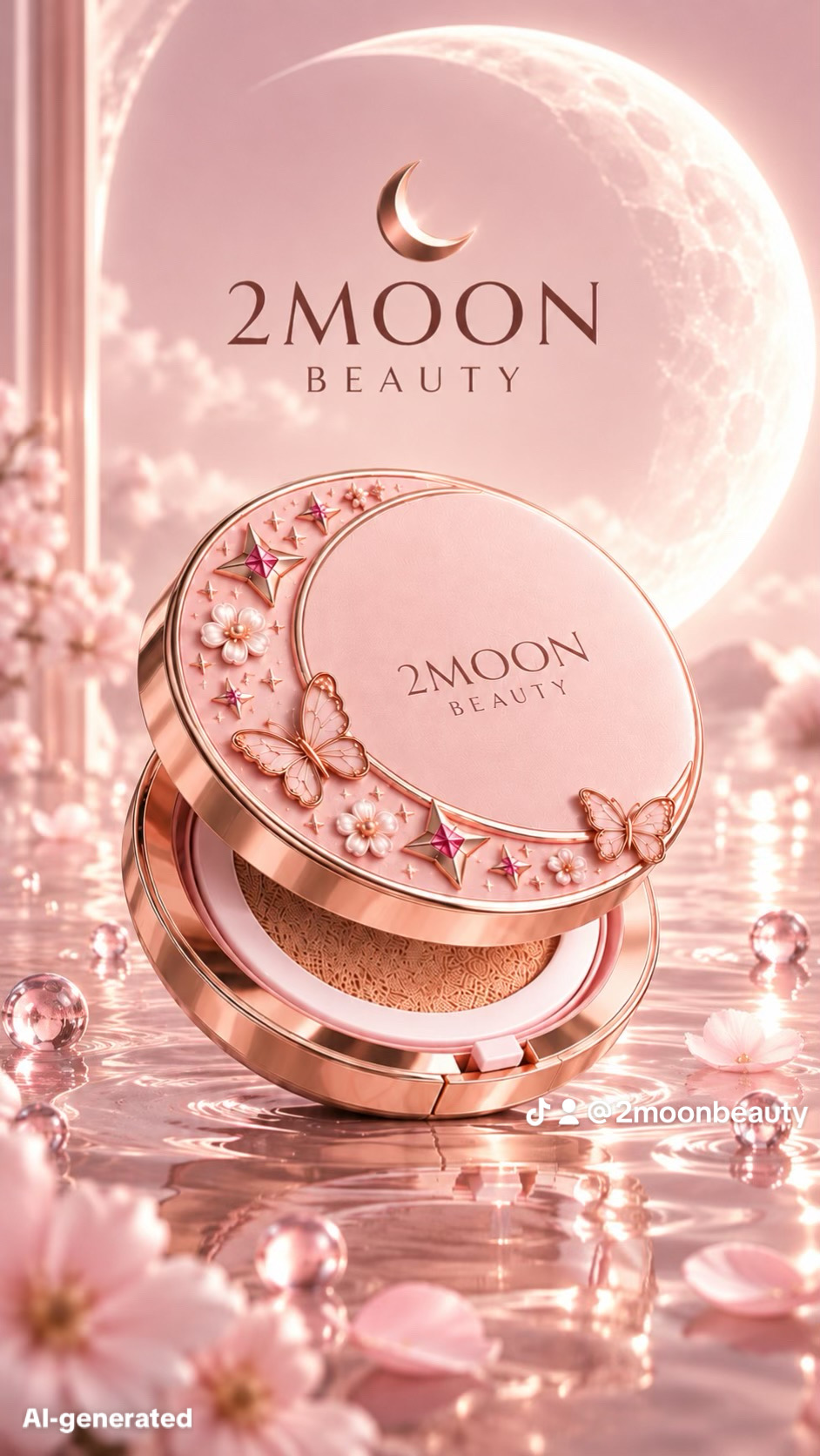 Tall campaign portrait of a 2Moon Beauty cushion compact beside a full moon