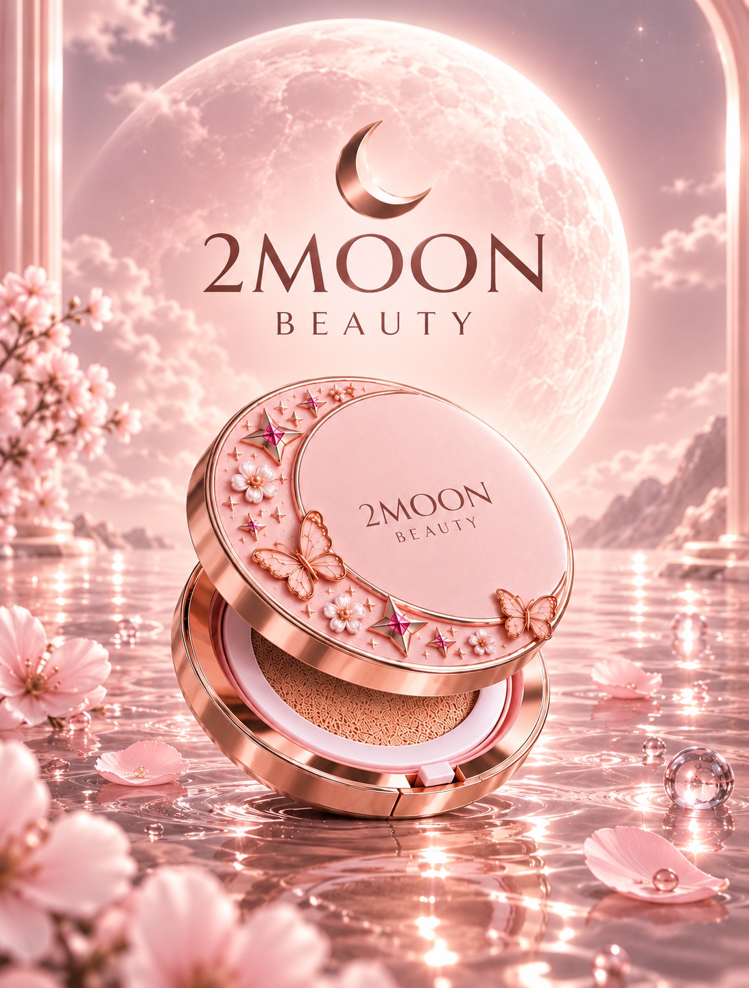 2Moon Beauty cushion compact glowing beside a rose-pink moon over water